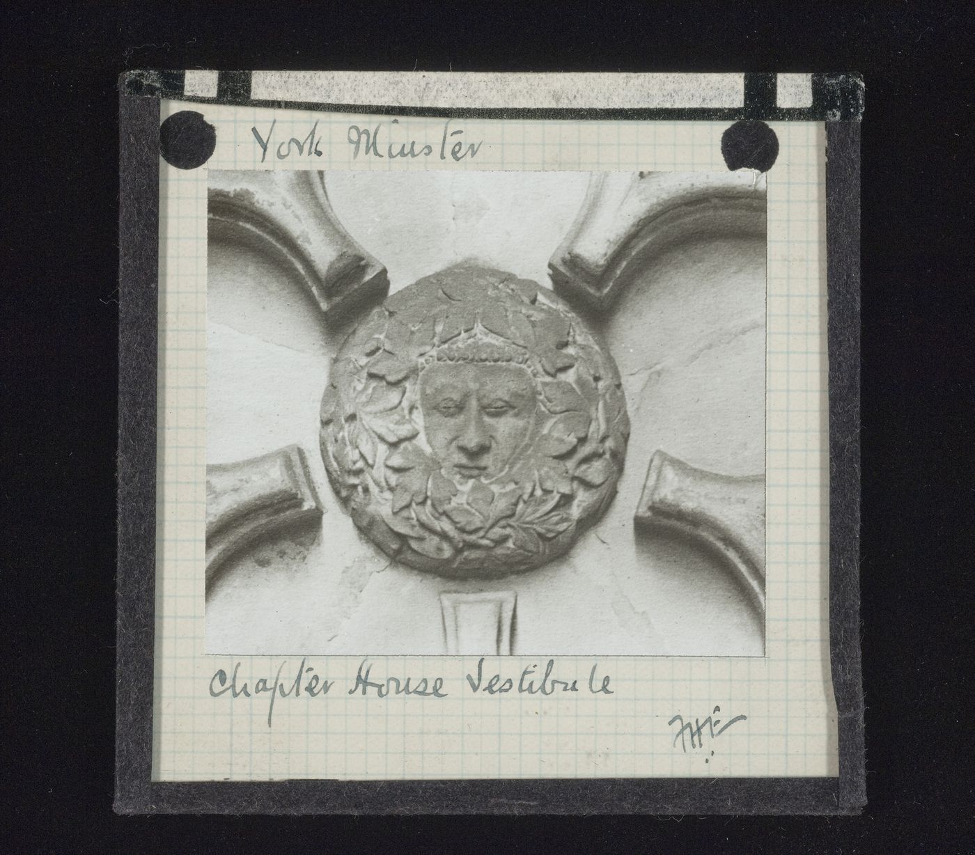 View of boss with foliate mask in vestibule of Chapter House of York Minster, York, North Yorkshire, England