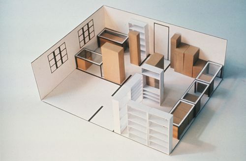 McAppy: view of a model for the interior of attached portable enclosures ("Terrapins") furnished for office work