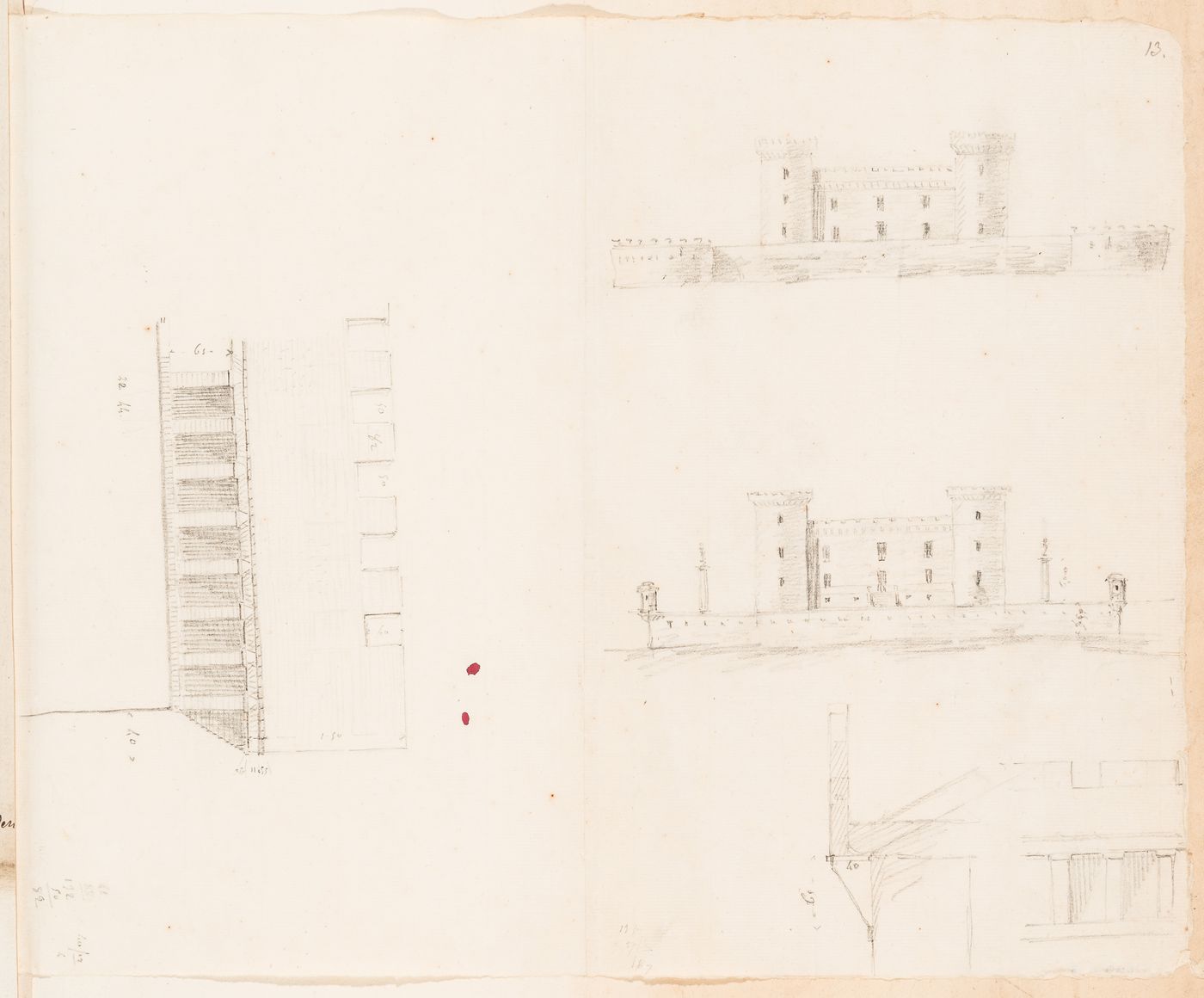 Château for M. le marquis de Sainte-Aulaire: Elevations and details for the battlements