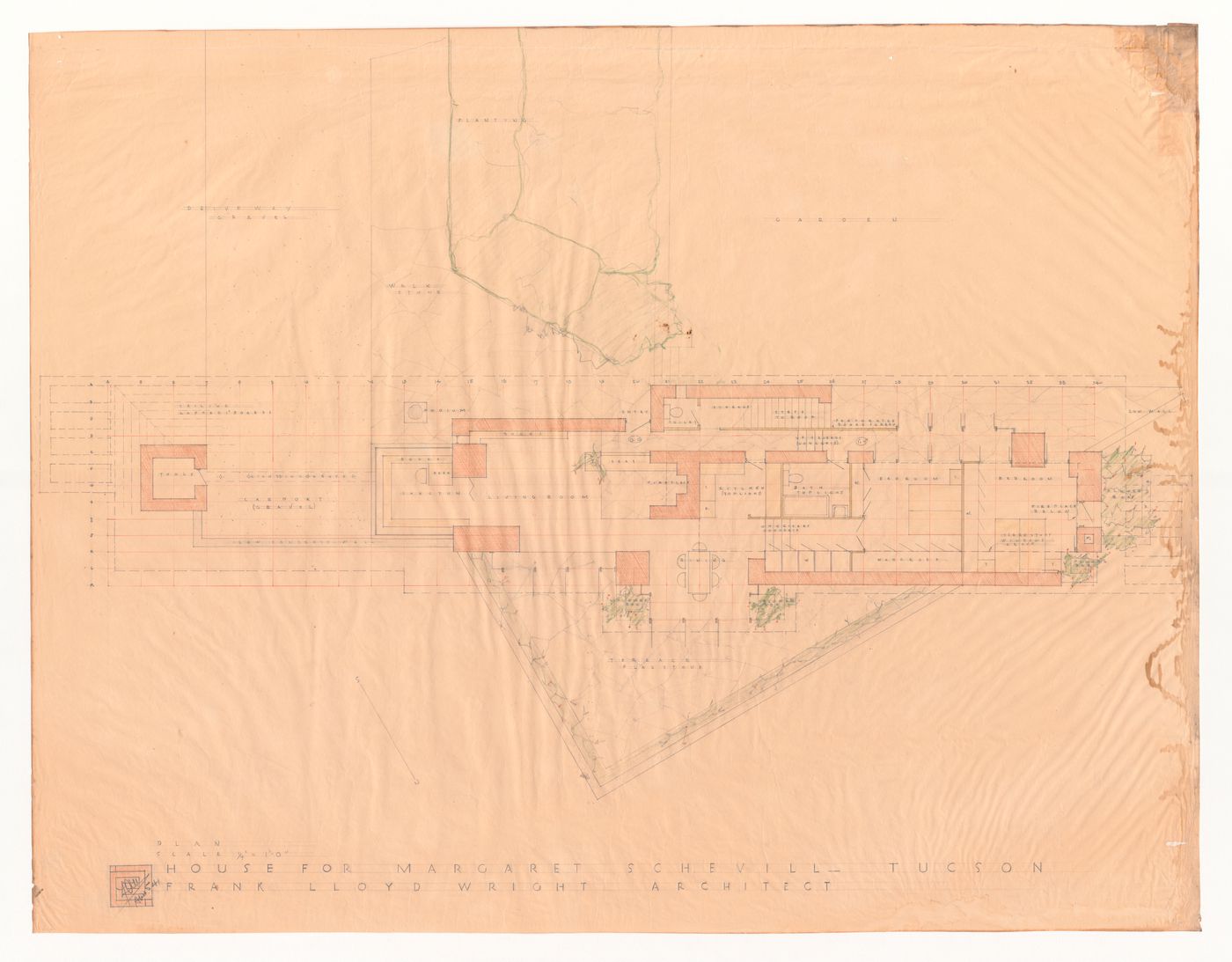 Presentation drawing of the ground floor plan for Margaret Schevill House, Tucson, Arizona
