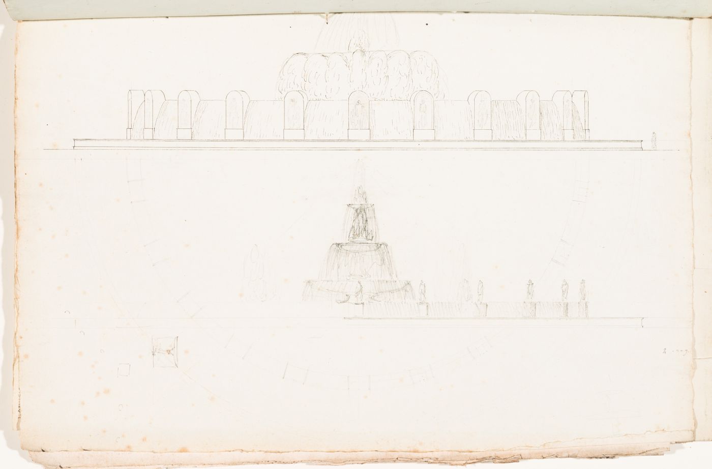 Two conceptual elevations and a half plan for a fountain; verso: Conceptual sketches, including plans, elevations and details for a colonnade and an urban square, probably place Louis XV