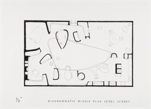 Plan for the middle level showing the furniture arrangement, House of the Future, Daily Mail Ideal Homes Exhibition, London, England