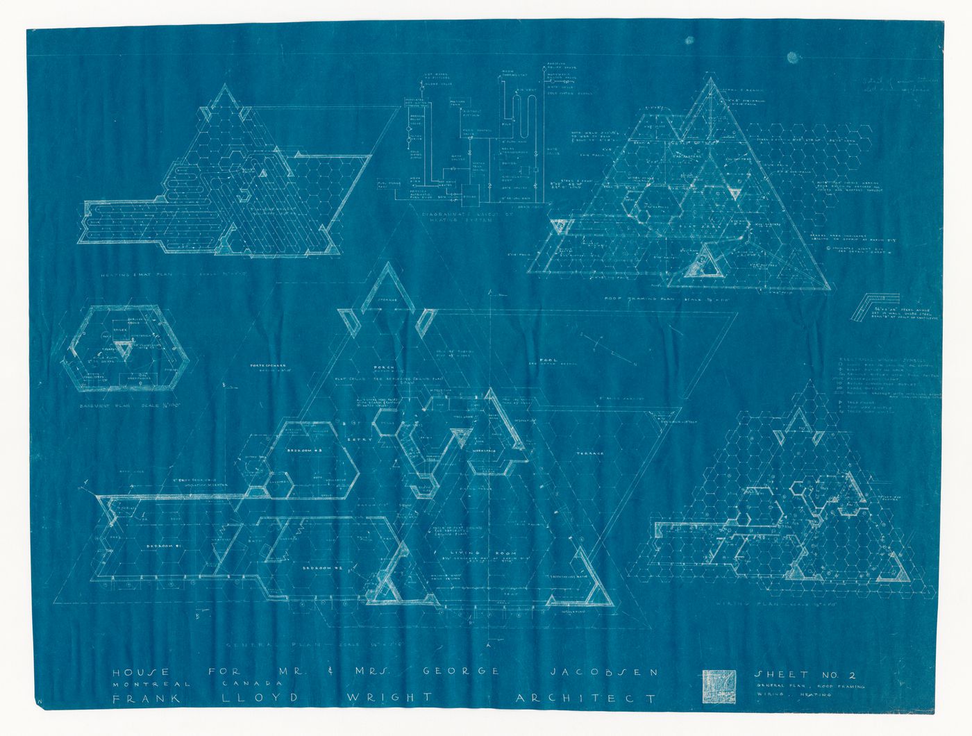 Plans, a diagram and a detail for the 1950 design for the Mr. & Mrs. George Jacobsen House, Hudson, Québec