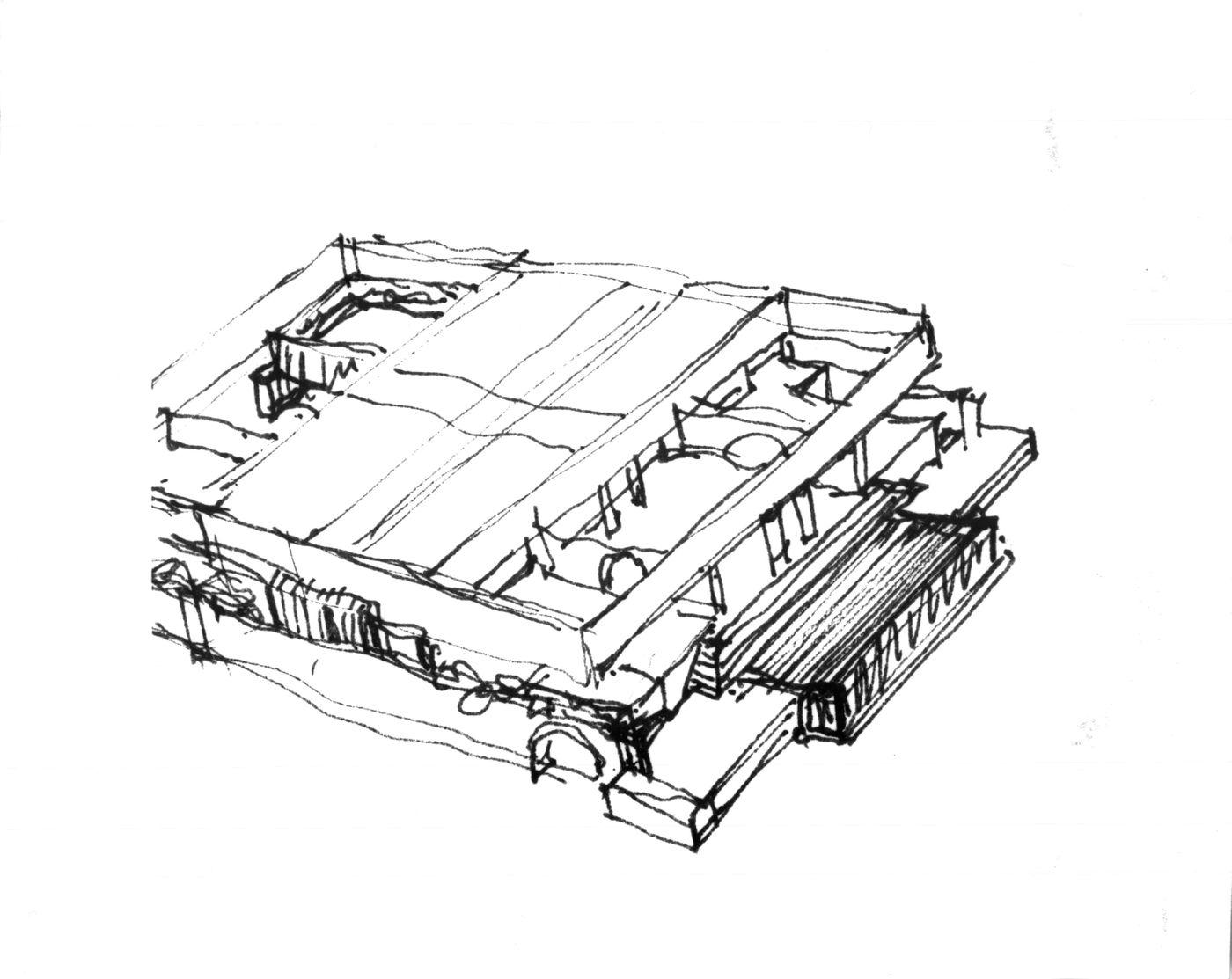 Early annotated ground floor plan, bird's-eye perspective of terraced house on podium