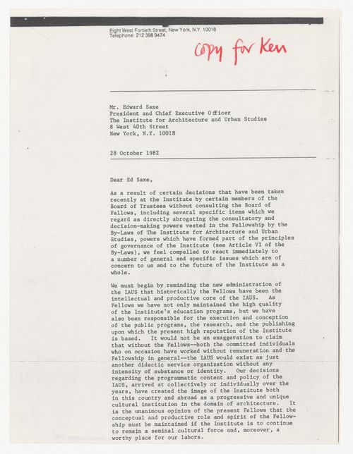 Letter from Kenneth Frampton to Edward L. Saxe about the role of IAUS Fellows