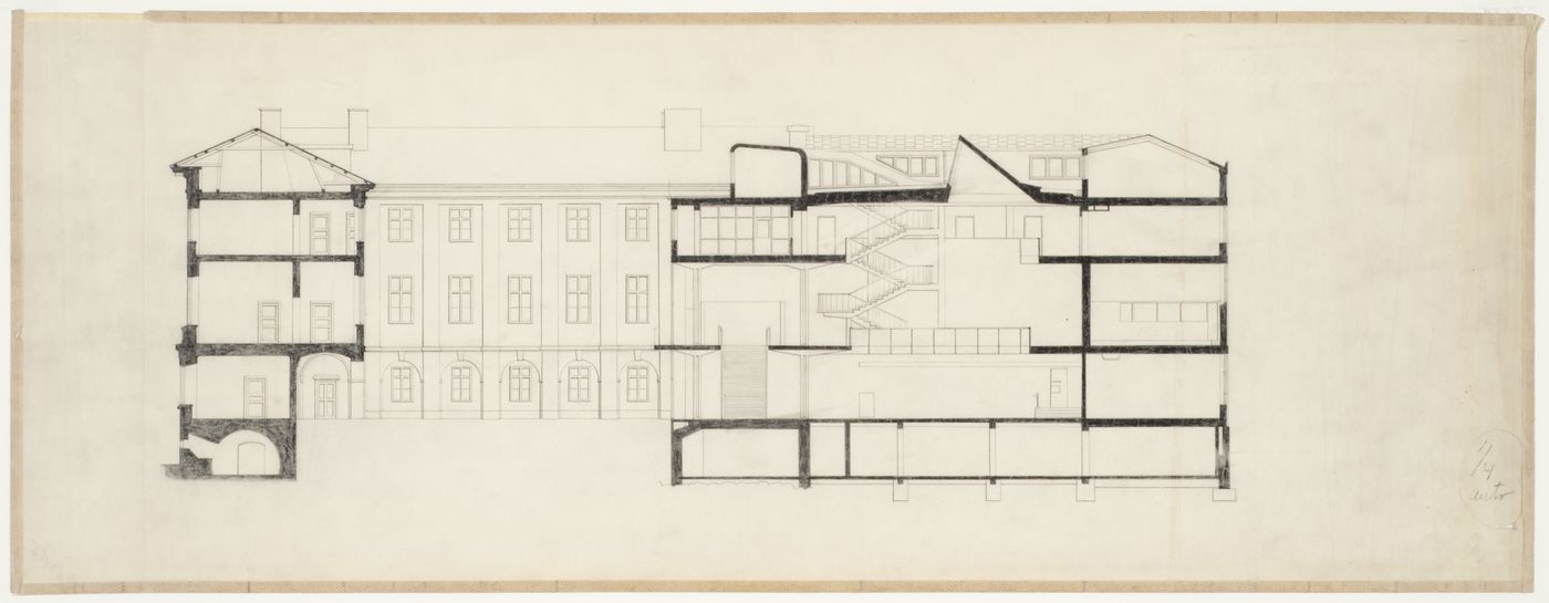 Longitudinal section for Göteborgs rådhusets [courthouse] and the Göteborgs rådhusets tillbyggnad [courthouse annex] looking west, Göteborg, Sweden