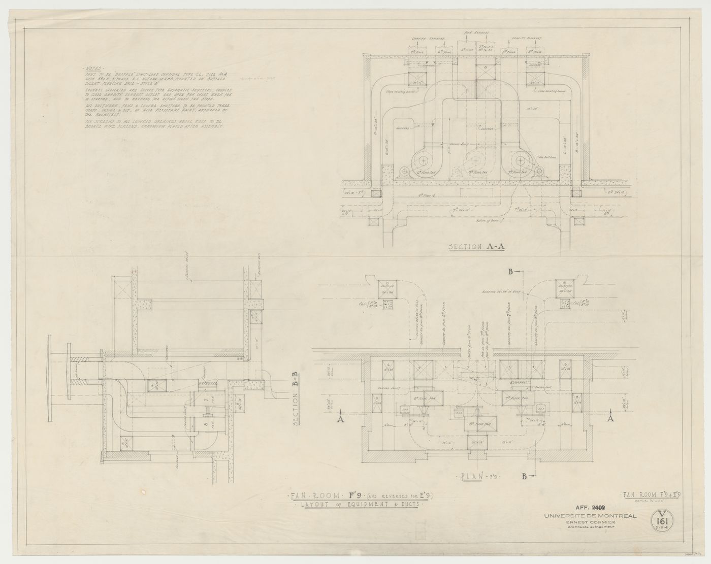 Détails de la salle de ventilation de l'aile F et de l'équipement, Pavillon principal et campus, Université de Montréal, Montréal, Canada (1924-1947)