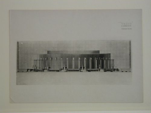 Photograph of an elevation for the principal façade for the final round of competition for a "synthetic theater" in Sverdlovsk, Soviet Union (now Ekaterinburg, Russia)