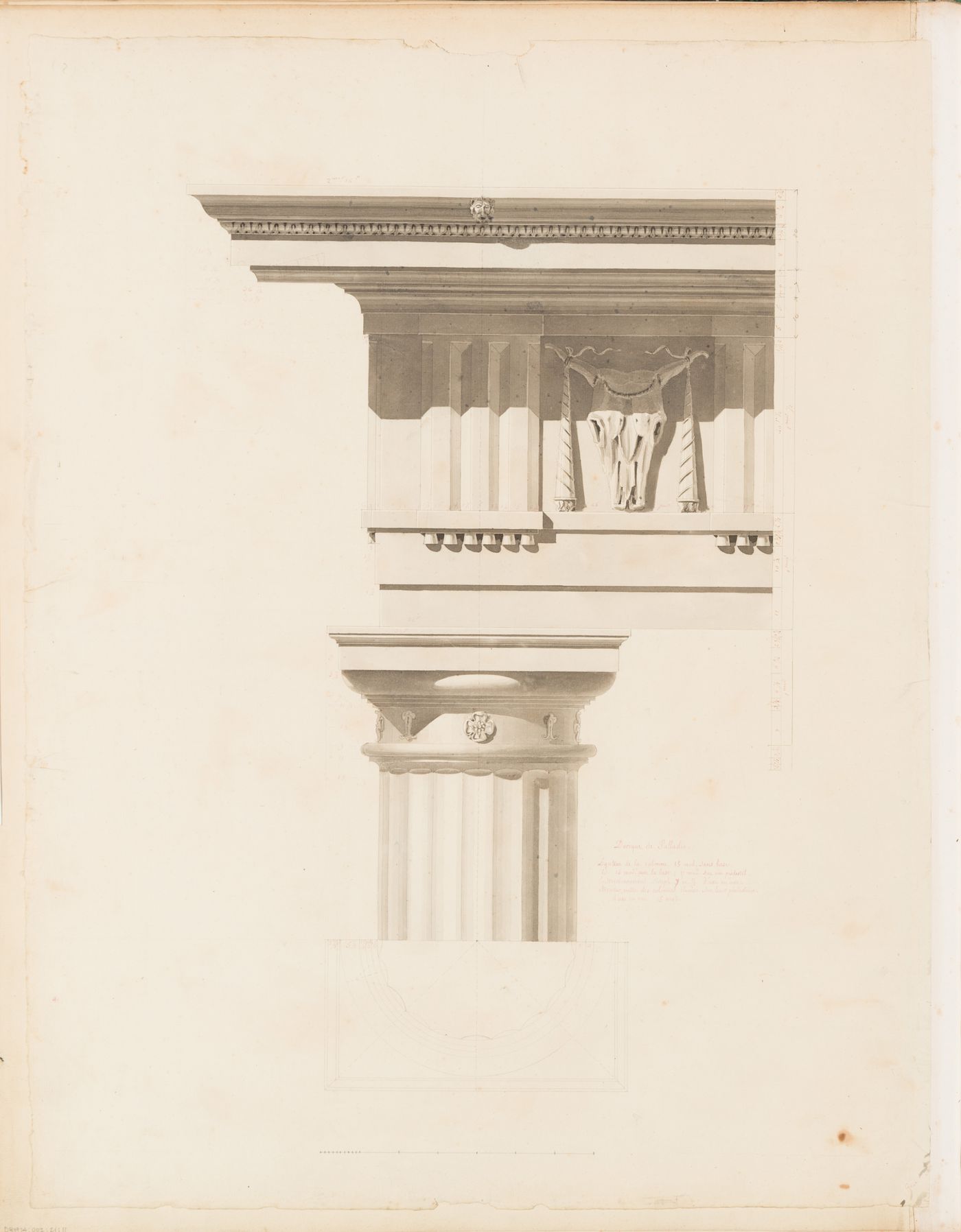Elevation of a Doric shaft, capital, and entablature after Palladio, with a plan of the shaft and capital