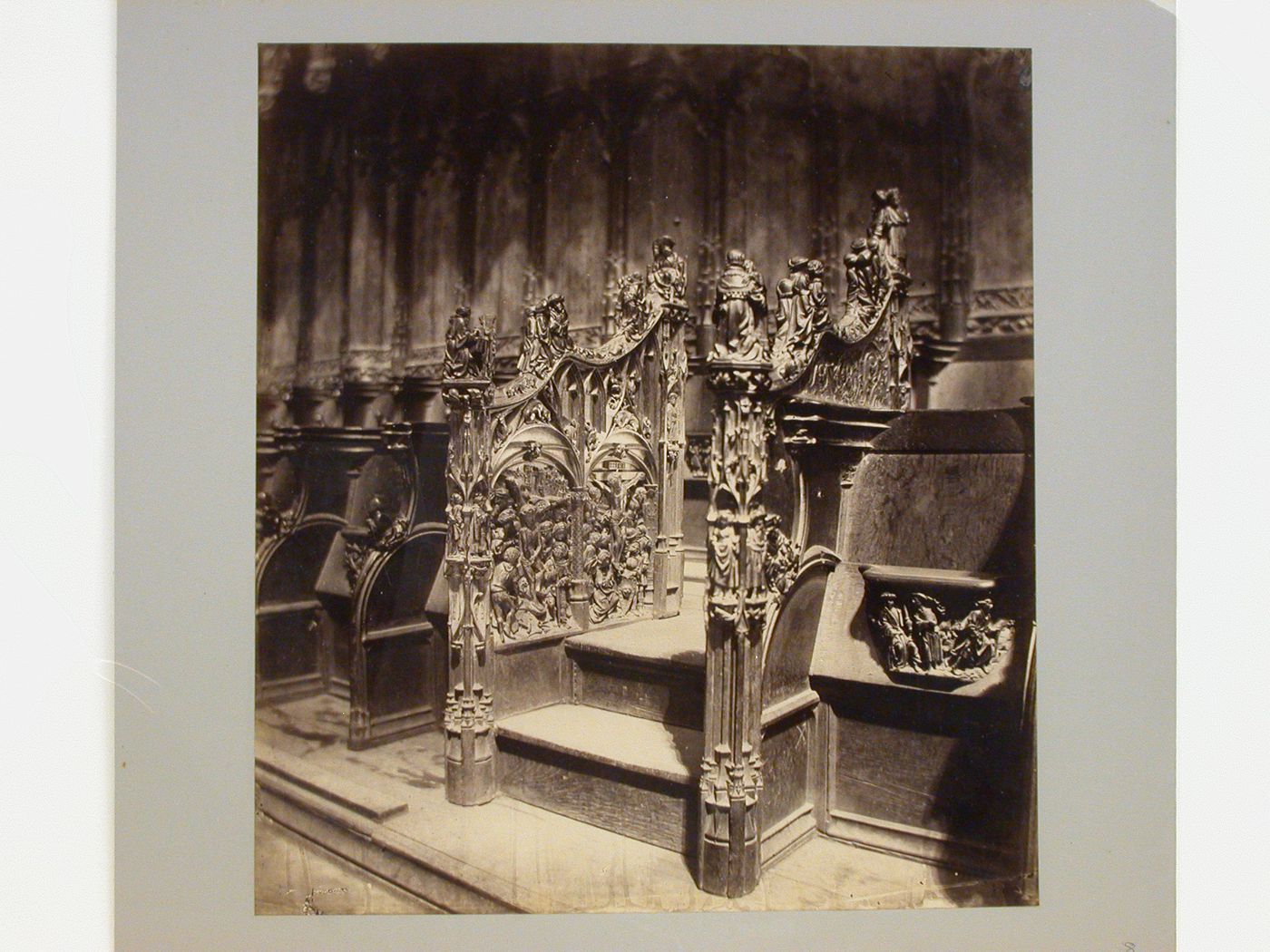 Amiens Cathedral, choir stalls, showing detailed wood carvings, Amiens, France