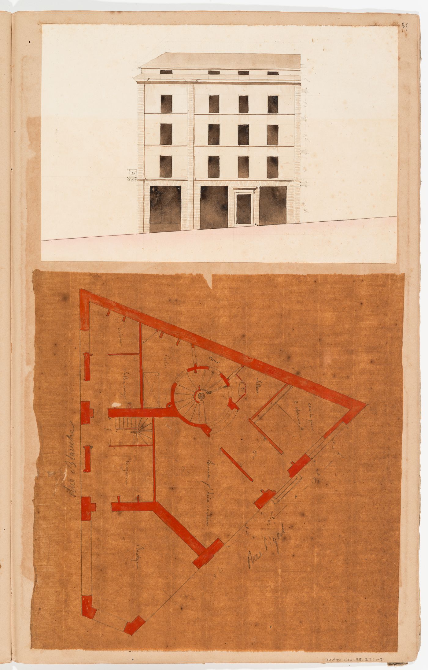 Elevation and ground floor plan for a house at the corner of rue de la Blanche and rue Pigalle, Paris