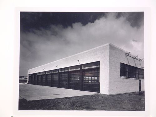 View of the principal façade of a garage of the Buffalo Airport Assembly Plant, Curtiss-Wright Corporation Airplane division, Buffalo, New York