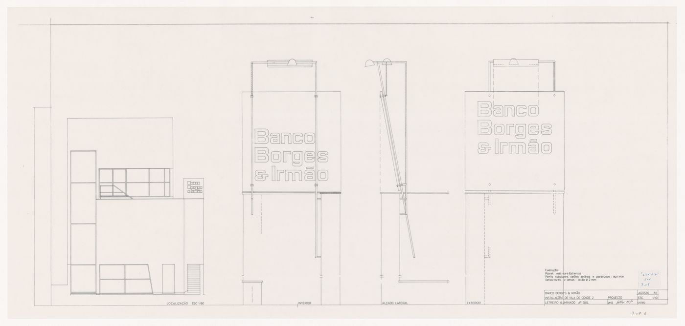 Elevations and section for Banco Borges & Irmão II [Borges & Irmão bank II], Vila do Conde, Portugal