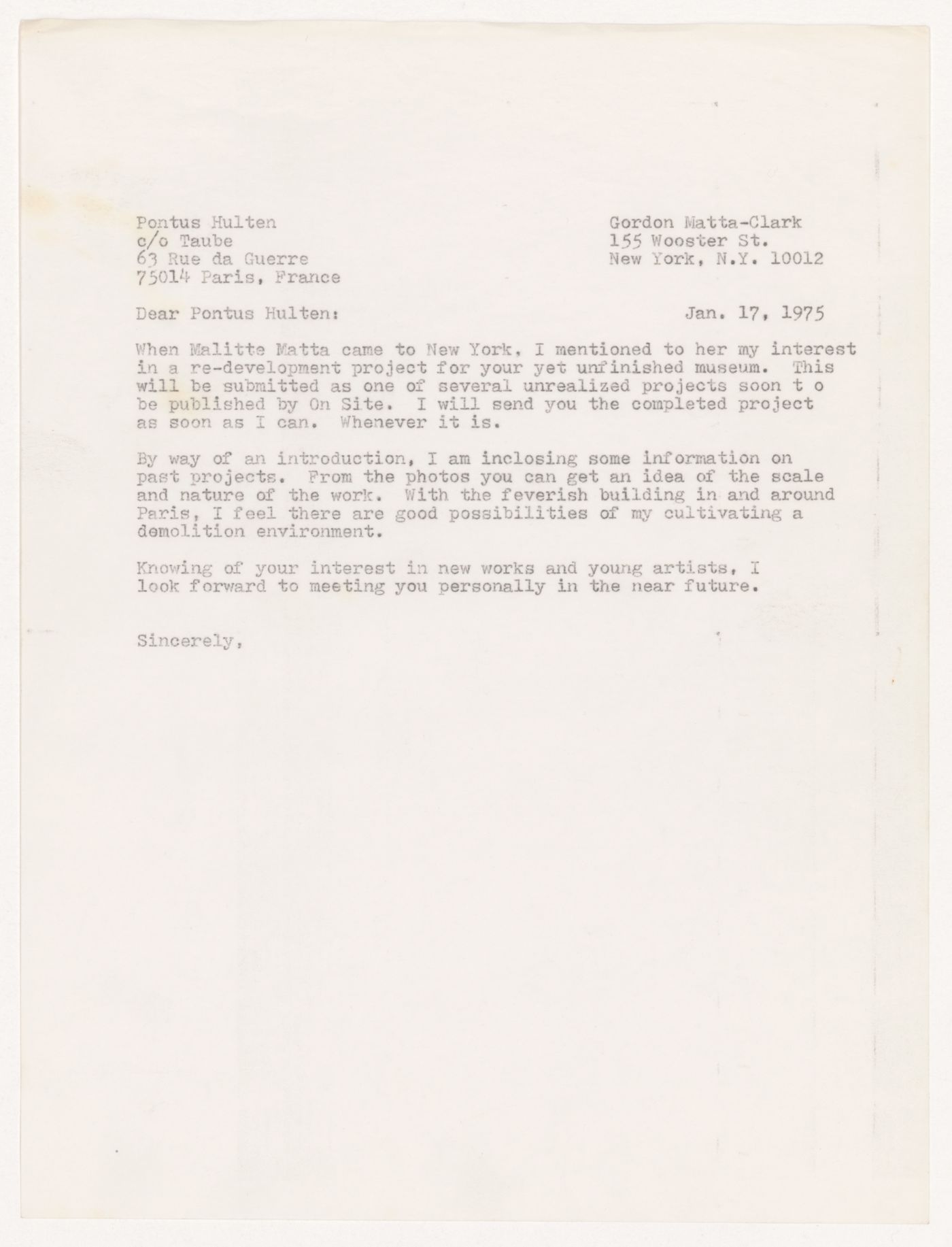 Letter from Gordon Matta-Clark to Pontus Hulten