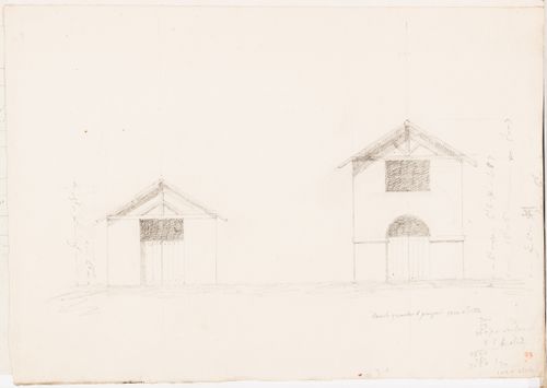 Elevation, probably for an outbuilding, Domaine de La Vallée; verso: Sketch plan for an unidentified building