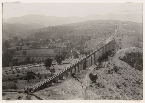 Aerial view of an aqueduct, near the Sanctuario de Nuestra Señora de los Remedios on the Cerro de Totoltepec [?], Mexico