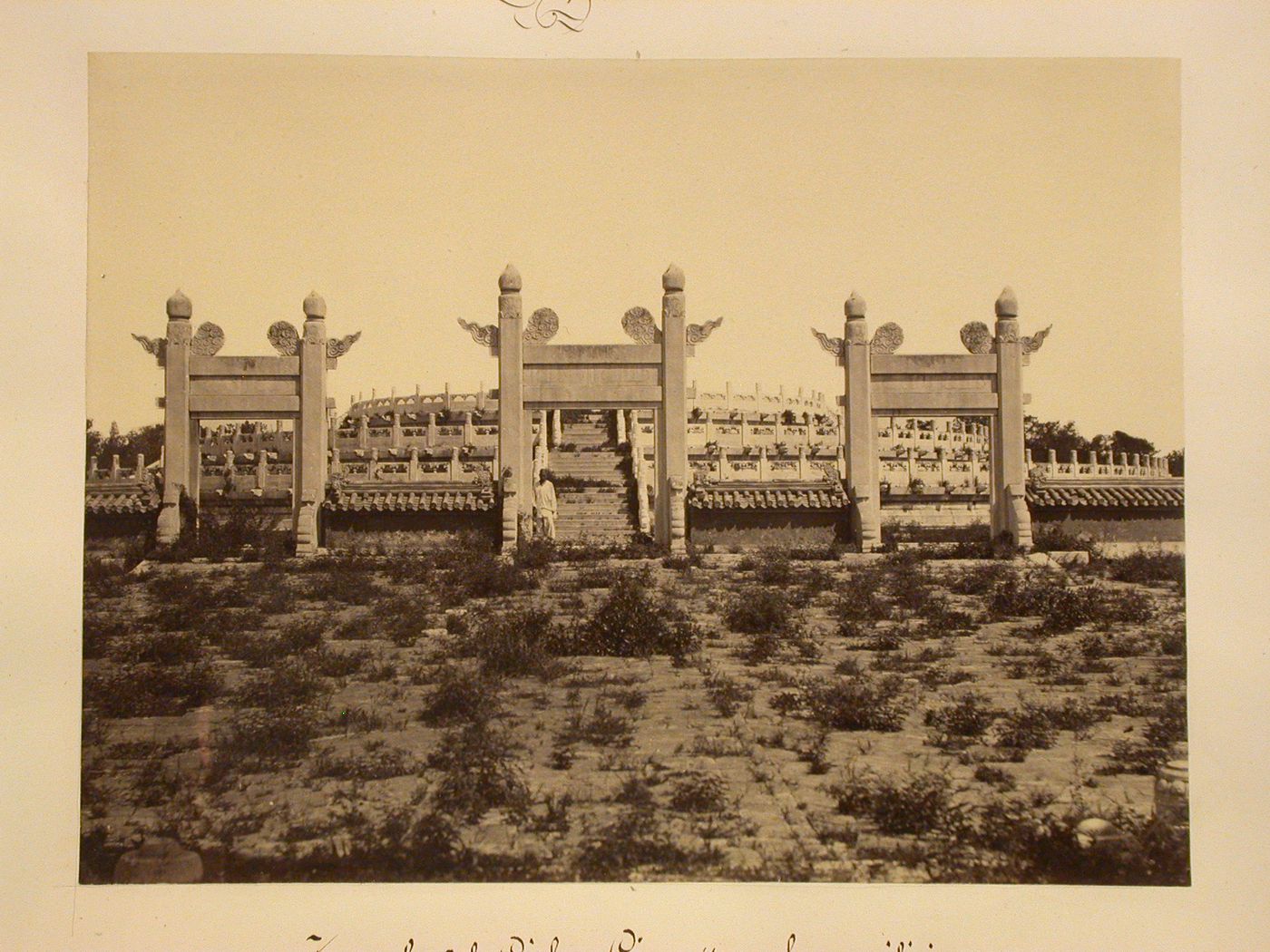 View of three gateways leading to the Altar of Heaven [Tian Tan], Peking (now Beijing), China