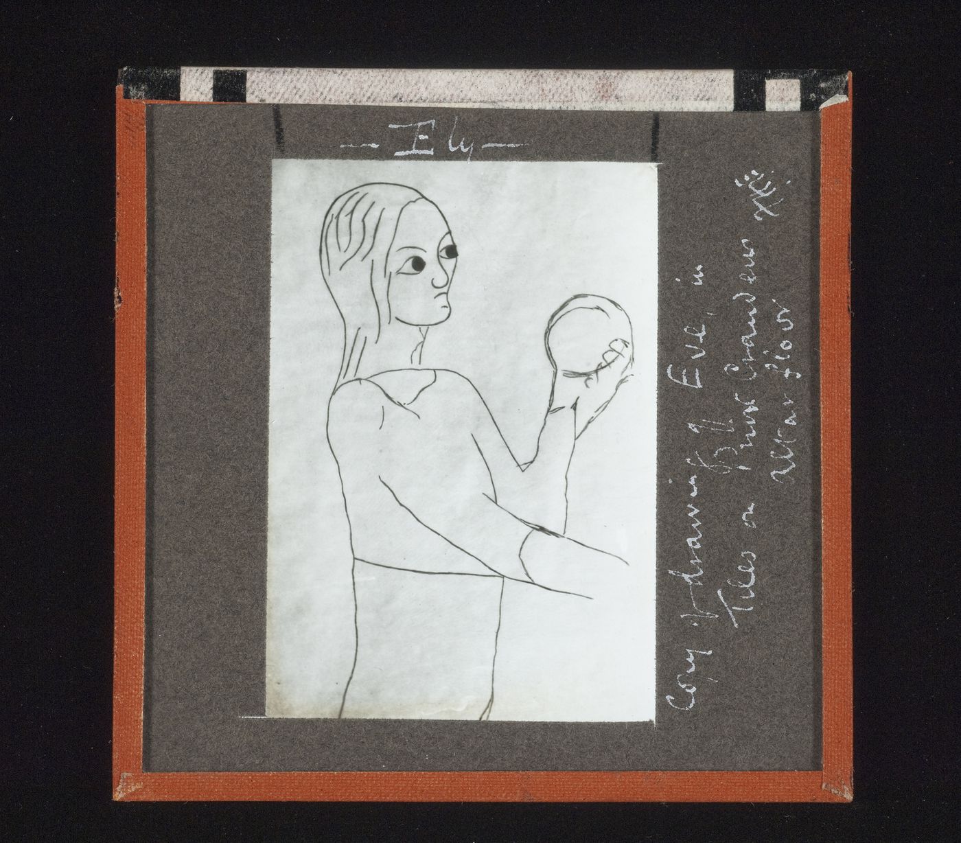 View of copy of drawing of Eve on Prior Crauden's alter floor tiles, Ely, Cambridgeshire, England