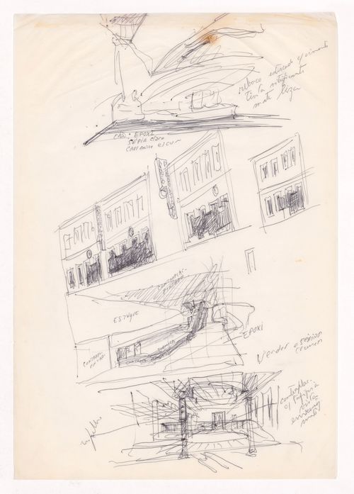 Sketch interior and exterior perspectives for Banco Pinto & Sotto Mayor, Régua, Portugal