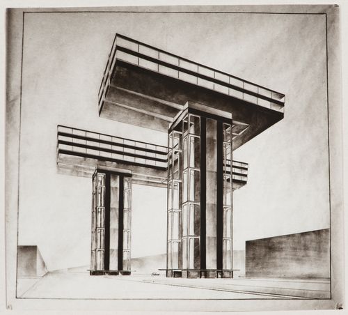 Photograph of a perspective drawing for Horizontal Skyscrapers (Cloudprop), Nikitsky Square, Moscow