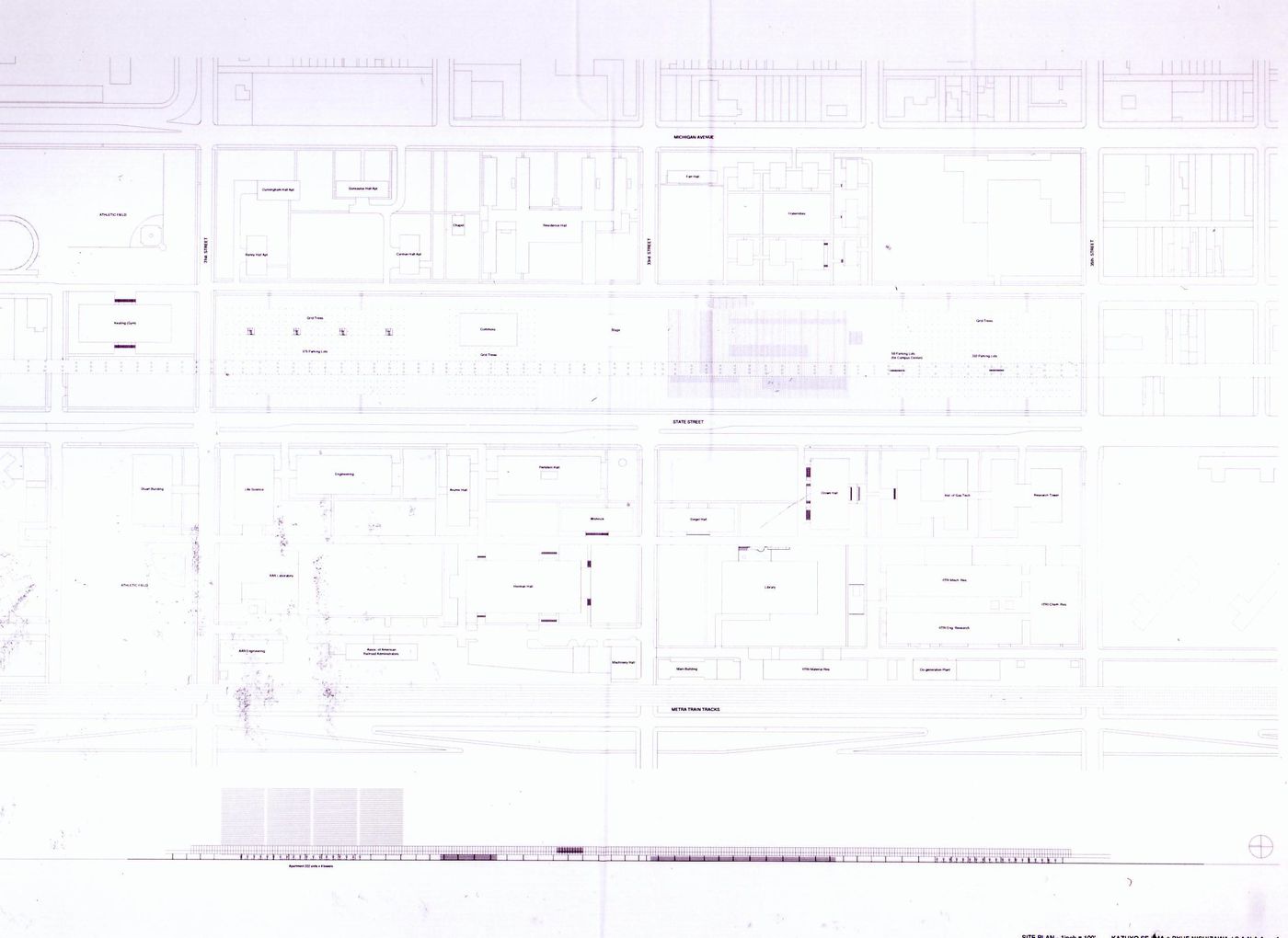 Site plan and elevation, submission to the Richard H. Driehaus Foundation International Design Competition for a new campus center (1997-98), Illinois Institute of Technology, Chicago, Illinois