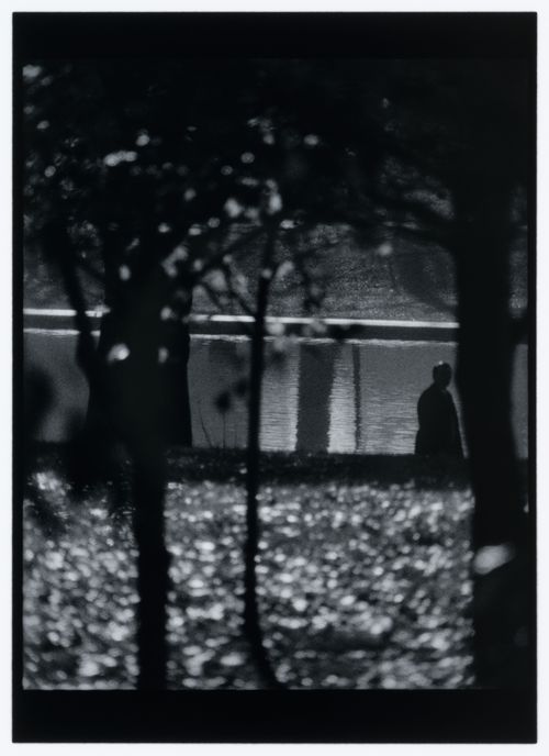 View of the Reflecting Pool showing trees and a man, near the Lincoln Memorial and the World War II Memorial, Washington D.C., United States, from the series "Empire"