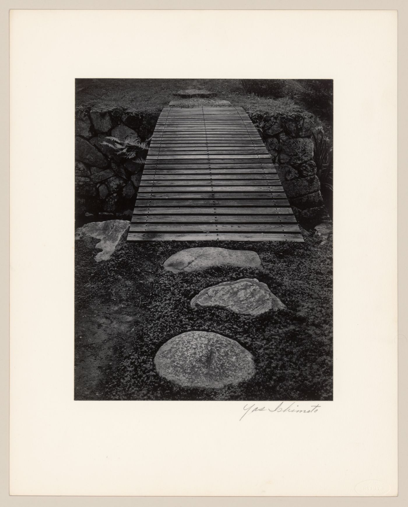 View of stepping-stones and a wooden footbridge leading to the Island of Immortals (also known as the Middle Islands), Katsura Rikyu (also known as Katsura Imperial Villa), Kyoto, Japan