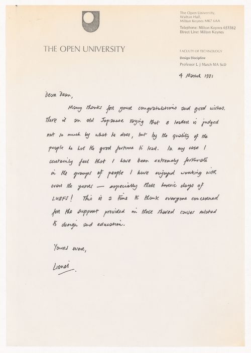 Response letter of Lionel March to Dean Hawkes', Director of the Martin Centre for Architectural and Urban Studies, letter of congratulations for his appointment as rector of the Royal College of Art in London