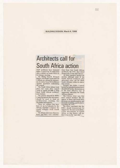 Newspaper clipping, "Architects call for South Africa action"