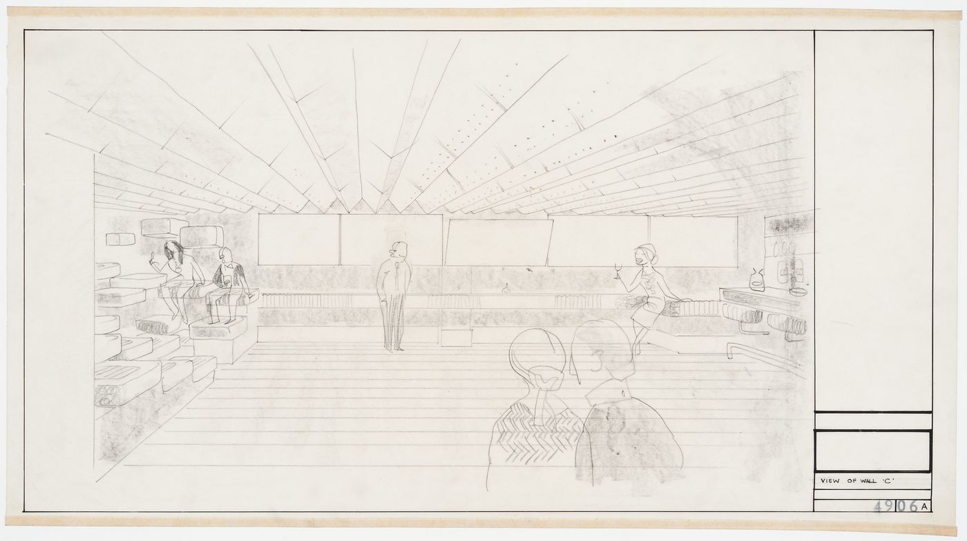 Perspective sketch of interior for proposed renovation of the basement of the Establishment Club, London, England
