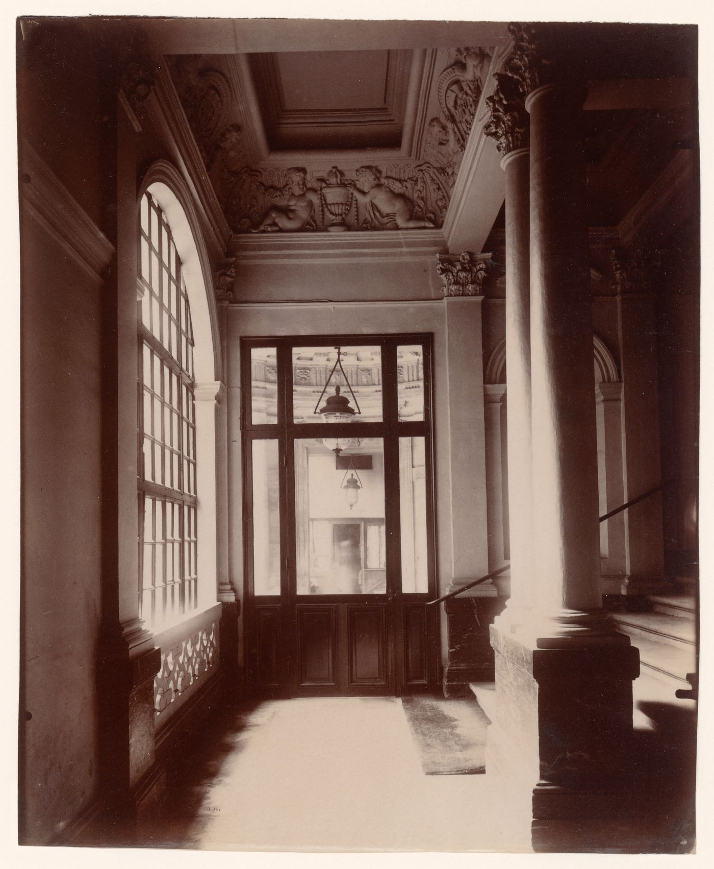Hôtel de Beauvais: Interior view of entrance and stairs, looking out to courtyard entrance portico, Paris, France