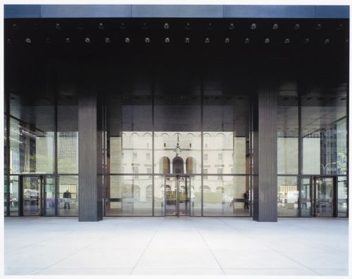 Seagram Building, New York City: view from under the canopy, with the Racquet and Tennis Club reflected in the lobby enclosure