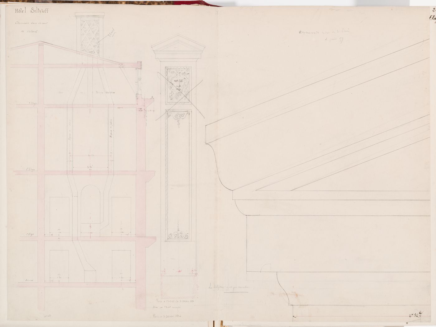 Elevation for a chimney stack showing the ornamentation, section indicating the arrangement of the chimney flues, and a detail for the chimney cap, Hôtel Soltykoff