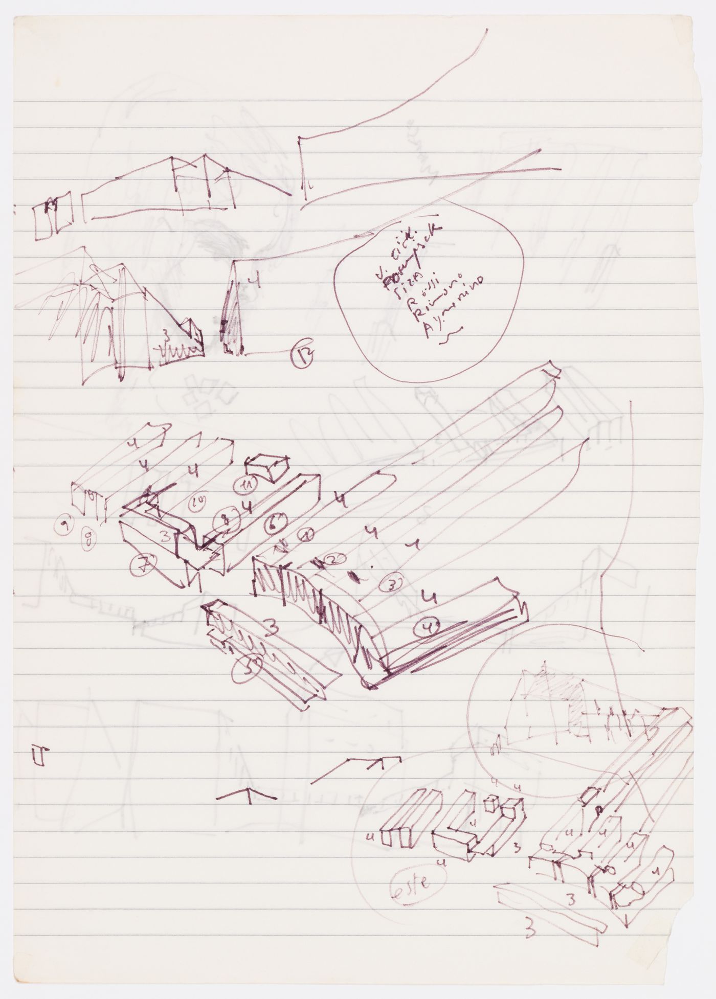 Sketch of buildings and a face, Recuperação da Área do Campo di Marte, Giudecca, Venice