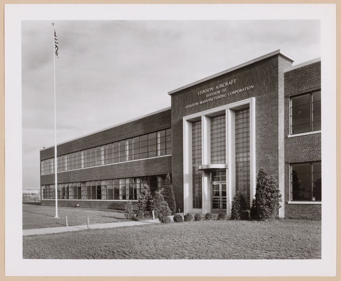 View of the principal façade of the Administration Building, Aviation Manufacturing Corporation Stinson Aircraft division Assembly Plant, Nashville, Tennessee