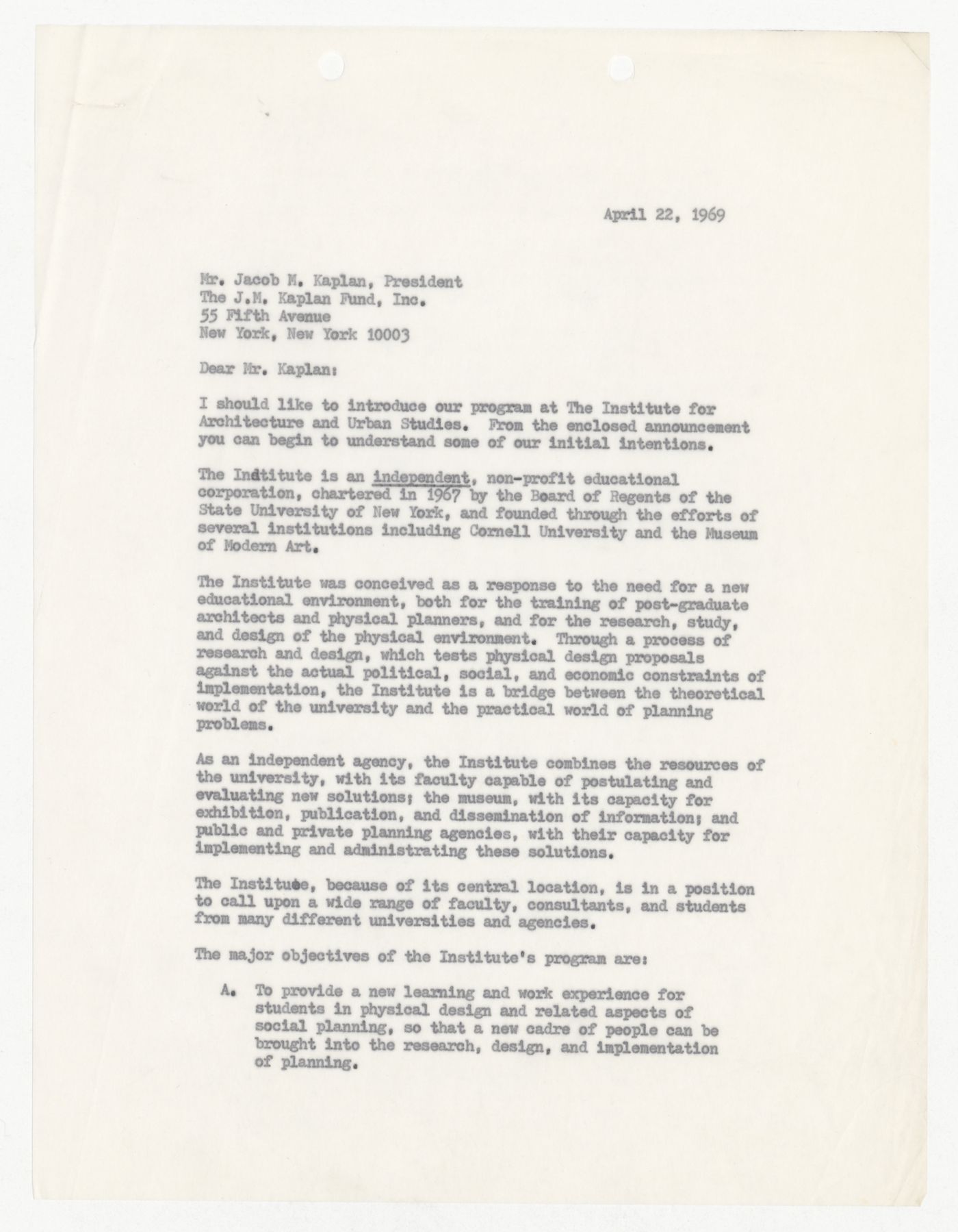 Letter from Peter D. Eisenman to Jacob M. Kaplan requesting a donation including a brief overview of IAUS history and projects