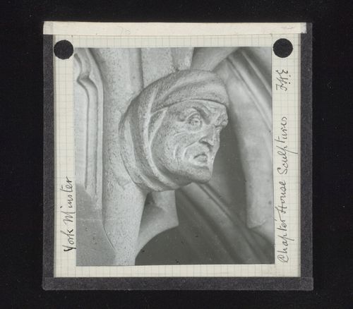 View of sculpture of head in Chapter House of York Minster, York, North Yorkshire, England