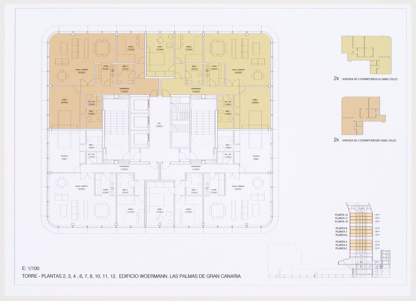 Plans and section, Plaza y torre Woermann, Las Palmas, Canary Islands