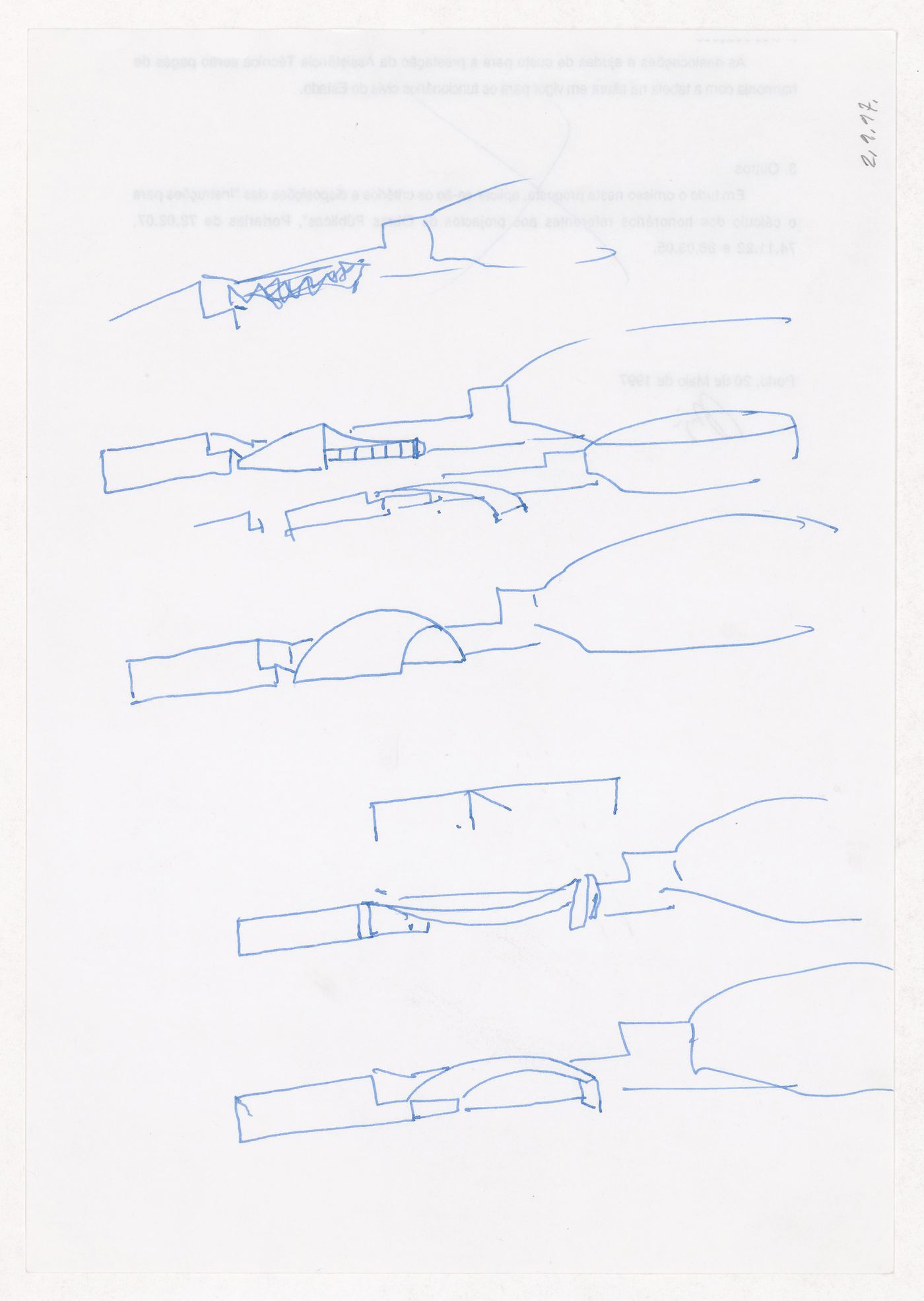 Sketches for Pavilhão Multiuso, Vigo, Spain; verso: Correspondence