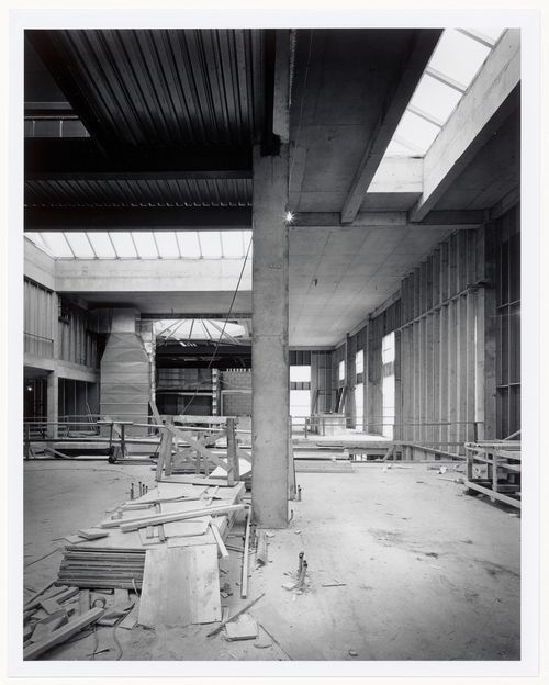 Interior view of the Octagonal Gallery and bookstore from the main exhibition galleries, Canadian Centre for Architecture under construction, Montréal, Québec