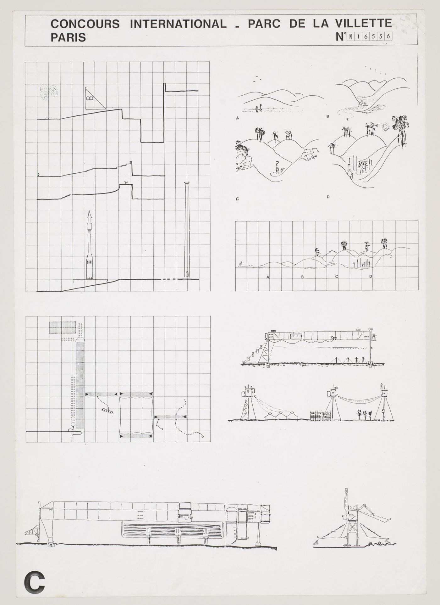 Parc de la Villette, Paris, France: plan, elevations and perspective