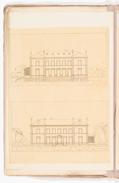 Plans for the "souterrains", and the ground, first, and second floors for a country house for duc Decazes, Grave; verso: Elevations for a country house for duc Decazes, Grave