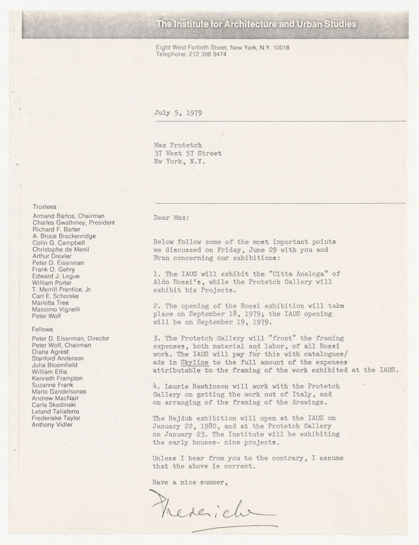 Letter from Frederieke Taylor to Max Protetch about exhibition of Aldo Rossi's work