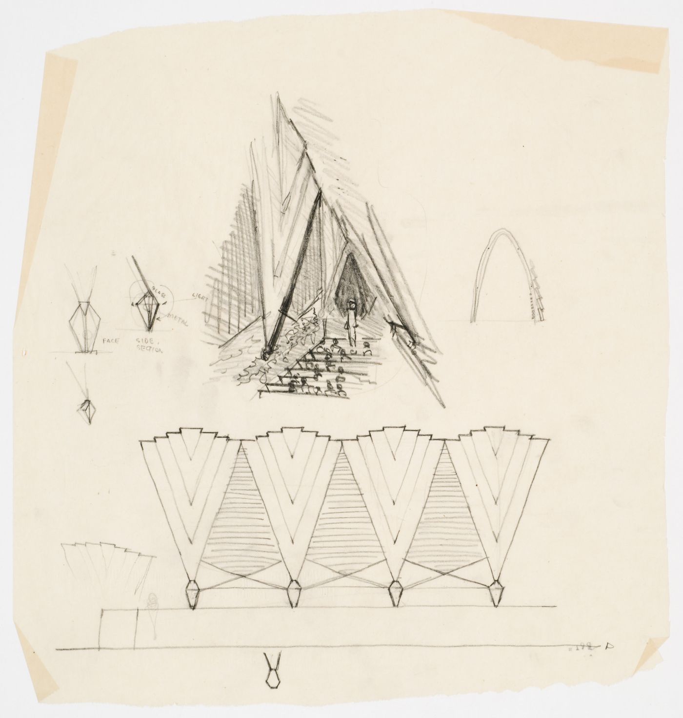 Wayfarers' Chapel, Palos Verdes, California: perspective sketch and elevation