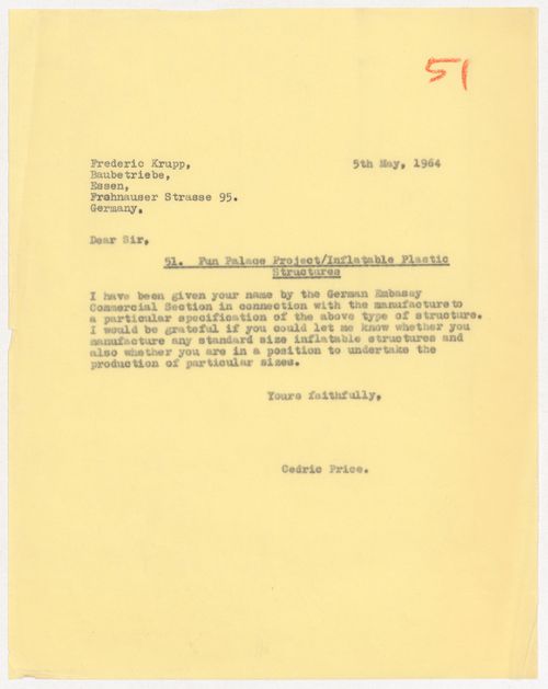 Letter from Cedric Price to Frederic Krupp about Fun Palace Project