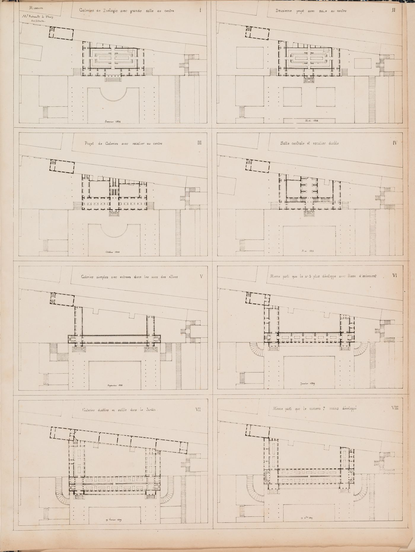 Eight alternate plans for a Galerie de zoologie
