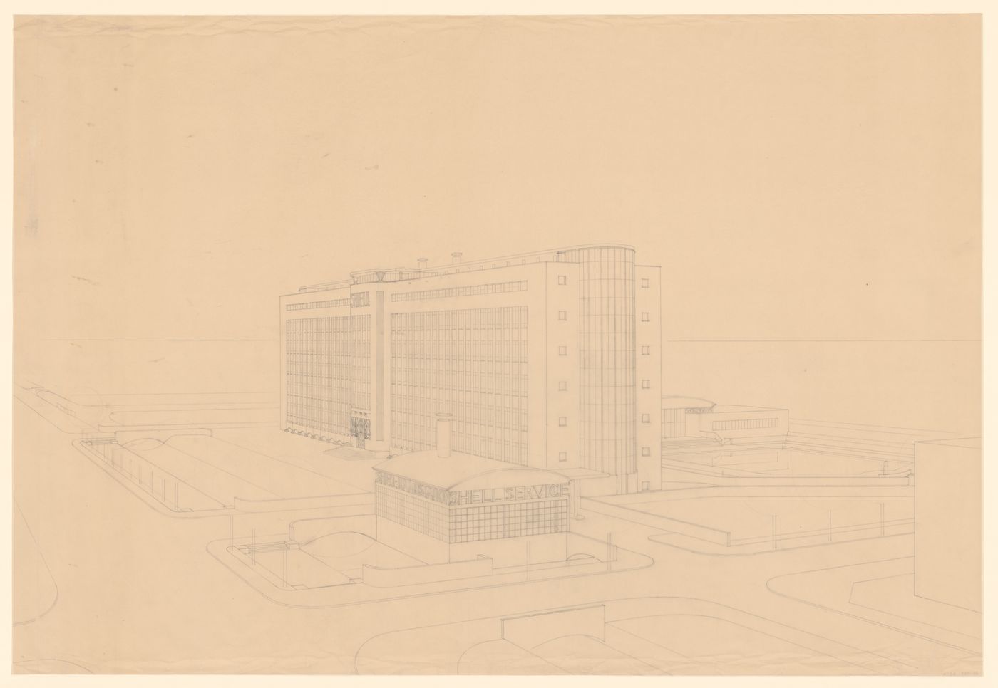Competition drawing showing a perspective for the principal façade for the Shell Building, The Hague, Netherlands
