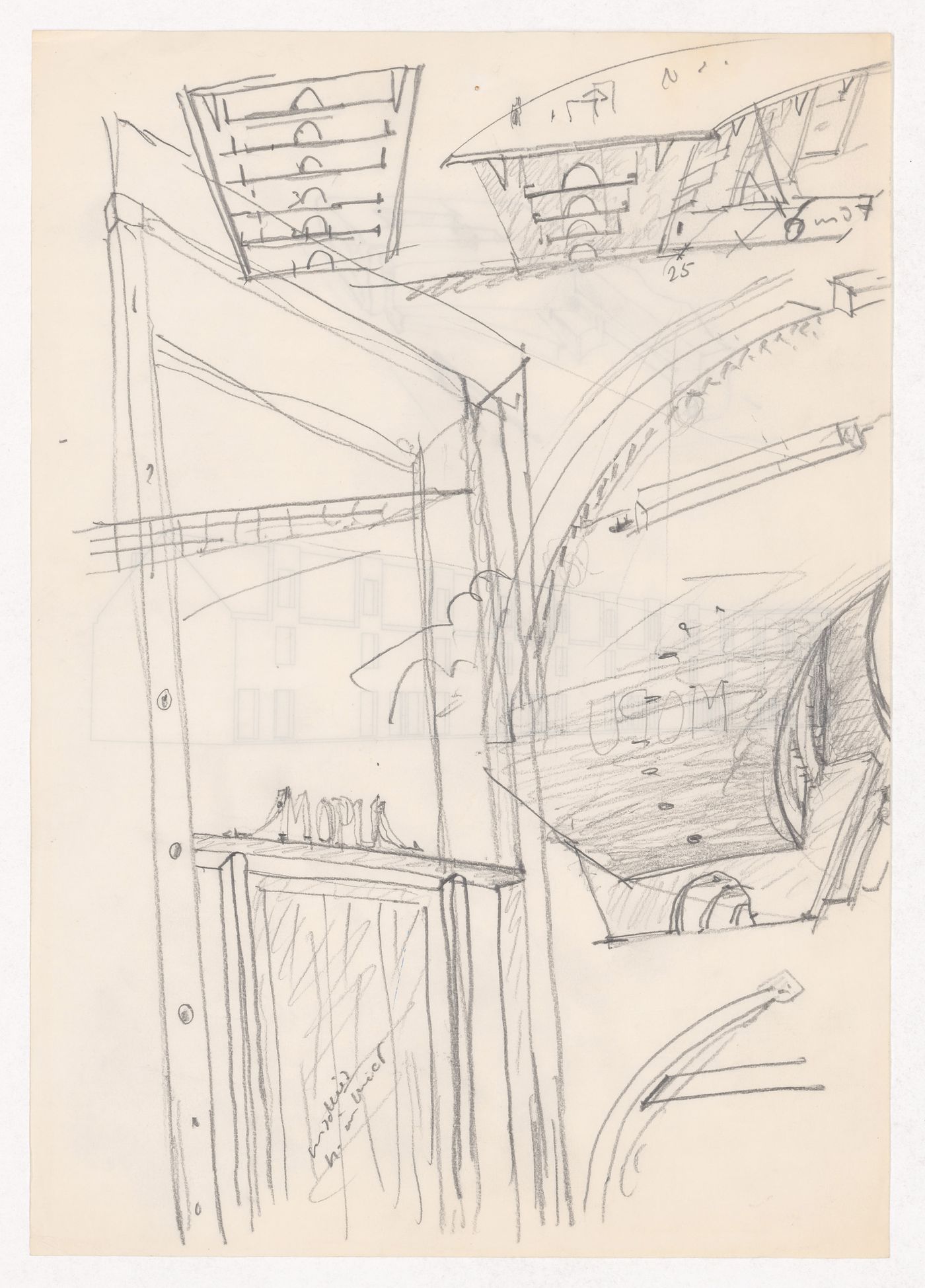 Sketch details for Centro Meteorológico da Villa Olimpica, Barcelona, Spain; verso: Sketch axonometric view for Edifício da Reitoria e Biblioteca Jurídica in Valencia, Spain and perspective for an unidentified building