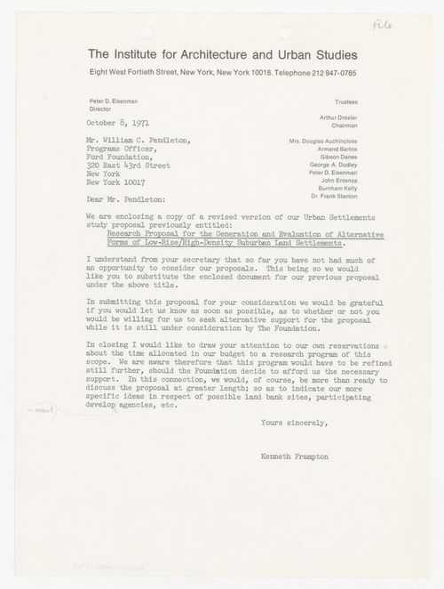 Letter from Kenneth Frampton to William C. Pendleton with attached Proposal for Research into Urban Community Service Facilities