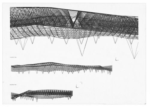 Computer-generated images showing deformation of the roof for the Odawara Municipal Sports Complex, Odawara, Kanagawa, Japan
